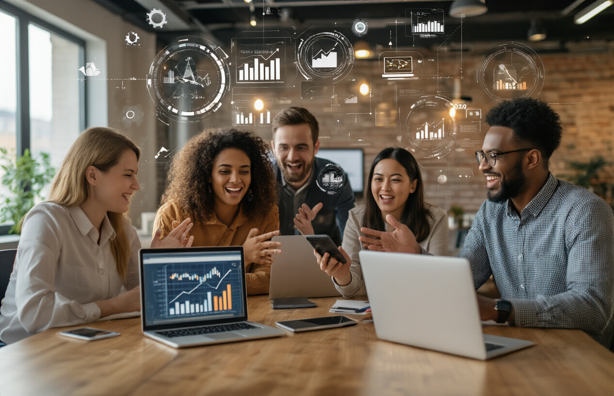 Create a realistic image of a diverse group of people celebrating financial success around a modern workspace with laptops and smartphones displaying charts and graphs showing upward trends, AI technology symbols subtly integrated into the background, warm golden lighting suggesting prosperity and achievement, people of different races including white, black, and Asian males and females looking excited and satisfied while gesturing toward their devices, modern office or home office setting with sleek furniture, absolutely NO text should be in the scene.