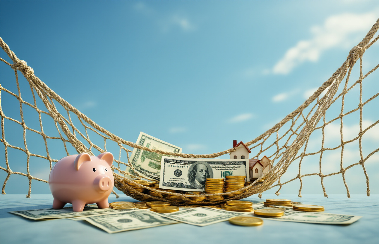 Create a realistic image of a sturdy safety net stretched horizontally with golden coins, dollar bills, and financial documents gently placed on top of it, set against a calm blue sky background with soft natural lighting, symbolizing financial security and protection, with a piggy bank and small house model positioned nearby on the net's surface. Absolutely NO text should be in the scene.