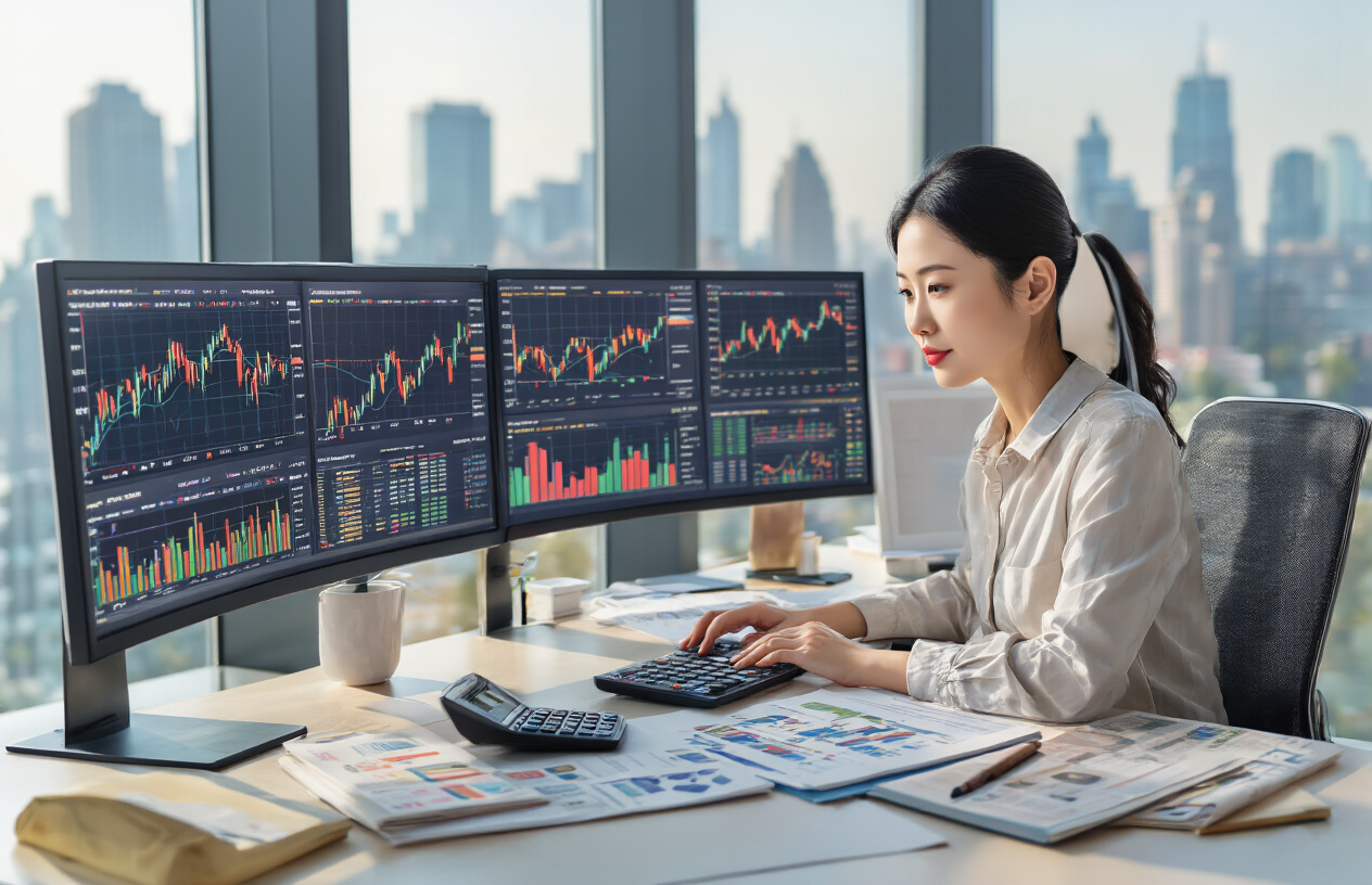 Create a realistic image of a professional Asian female financial advisor in her 30s sitting at a modern desk with multiple computer monitors displaying colorful investment charts, stock market graphs, and portfolio analytics, surrounded by financial books, a calculator, and investment documents, in a bright contemporary office with large windows showing a city skyline, conveying focus and expertise in wealth management, with warm natural lighting creating a productive and trustworthy atmosphere, absolutely NO text should be in the scene.