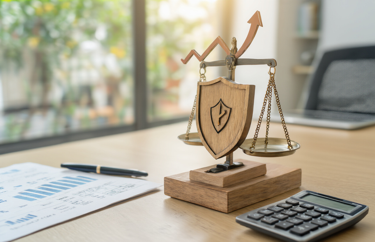 Create a realistic image of a balanced wooden scale on a modern desk with a shield symbol representing safety on the left side and an upward trending arrow or growth chart symbol on the right side, set against a clean office background with soft natural lighting, complemented by financial documents and a calculator nearby, conveying a professional atmosphere of strategic financial planning and decision-making, absolutely NO text should be in the scene.