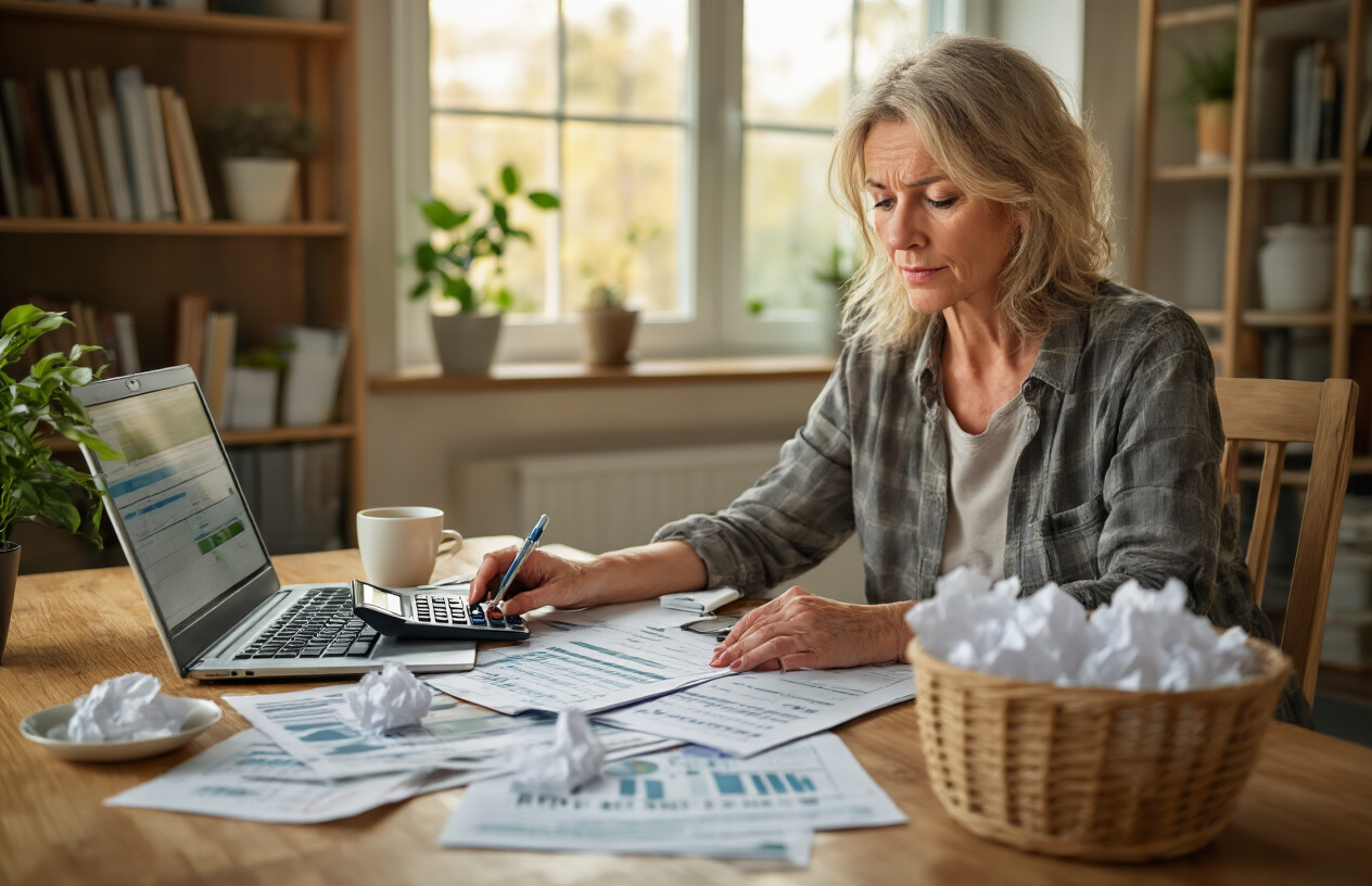 Create a realistic image of a determined middle-aged white female sitting at a wooden desk with financial documents, calculator, and laptop open to a budgeting spreadsheet, with crumpled papers in a wastebasket nearby representing discarded failed attempts, warm natural lighting from a window creating an optimistic atmosphere, potted plant and coffee cup on the desk suggesting persistence and comfort, clean modern home office background with organized bookshelves, the woman wearing casual business attire with a focused expression as she writes notes on paper, absolutely NO text should be in the scene.