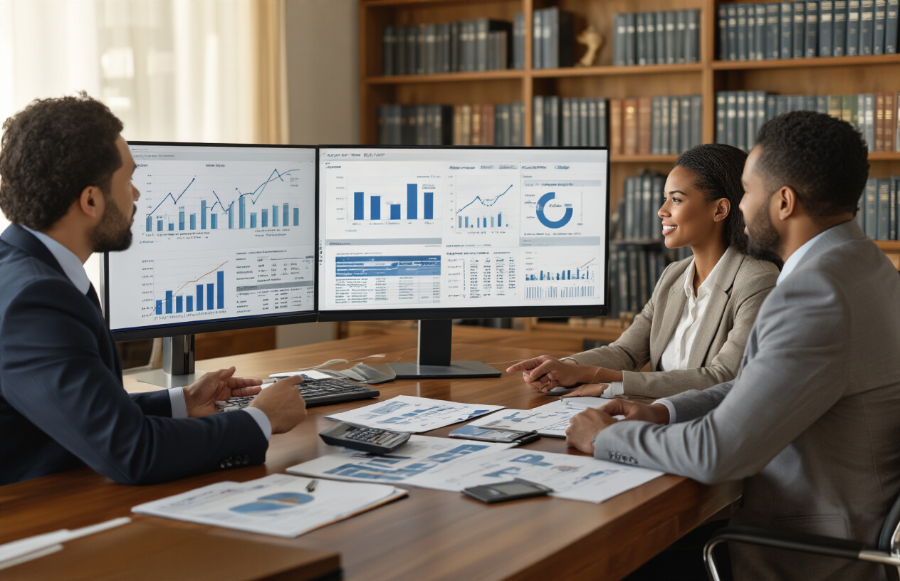 Create a realistic image of a modern financial advisory office scene with a white male financial advisor in a business suit sitting across from a diverse couple (black female and white male) at a polished wooden desk, with the advisor pointing to financial charts and graphs displayed on a large computer monitor, various financial planning tools like calculators and documents spread across the desk, warm professional lighting illuminating the scene, bookshelves filled with financial guides in the background, creating a trustworthy and expert consultation atmosphere, absolutely NO text should be in the scene.