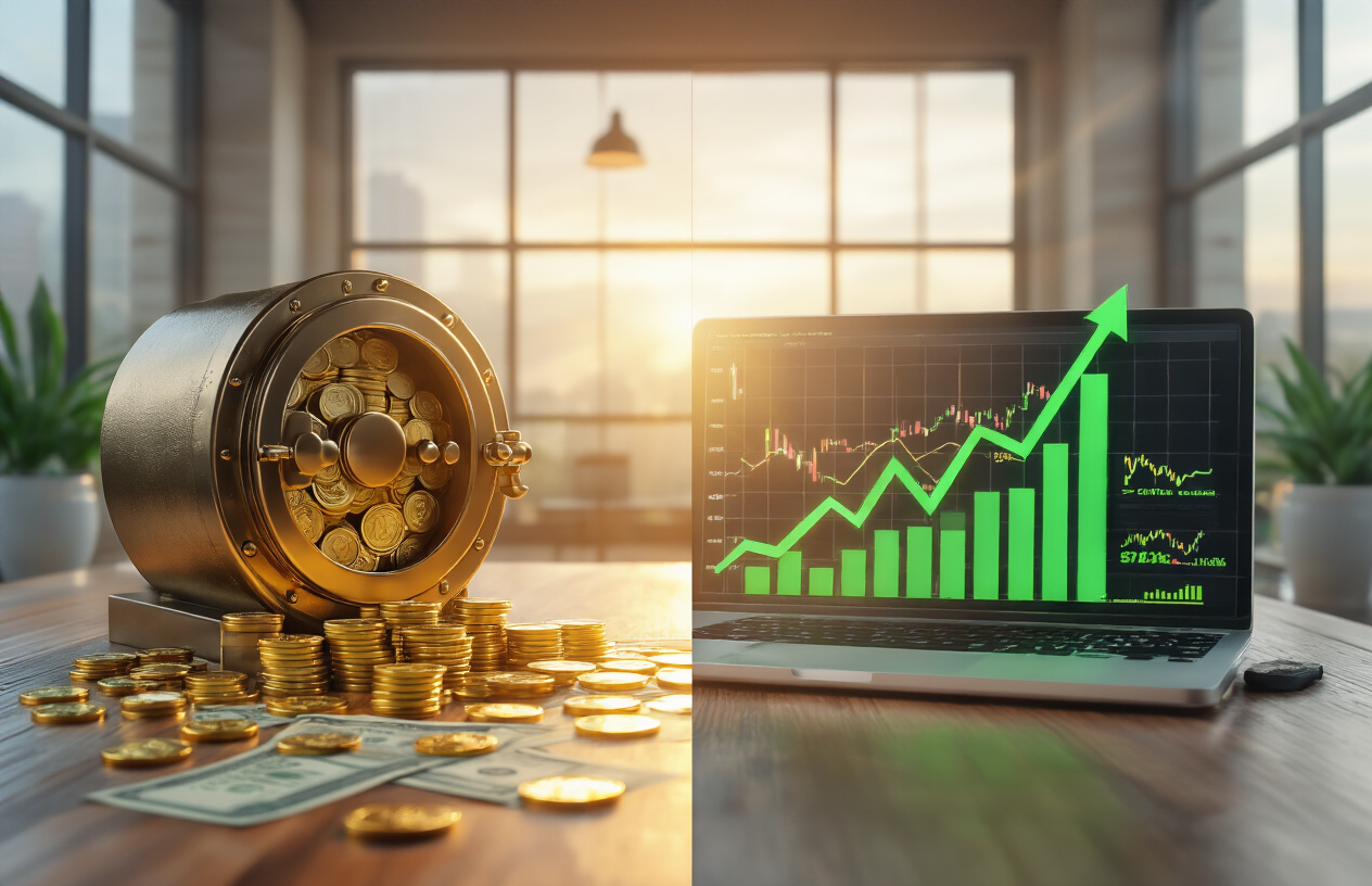 Create a realistic image of a balanced split-screen composition showing two distinct financial concepts merging harmoniously in the center, with the left side featuring a sturdy safety deposit box or vault door with golden coins and cash bills scattered around representing emergency funds and financial security, and the right side displaying upward trending arrow charts, stock market graphs, and investment symbols like bulls and growth indicators in green colors, with a modern office or home study background featuring warm natural lighting streaming through windows, creating a professional yet approachable atmosphere that conveys financial wisdom and strategic planning, with a subtle bridge or connecting element in the center symbolizing the balance between safety and growth, absolutely NO text should be in the scene.