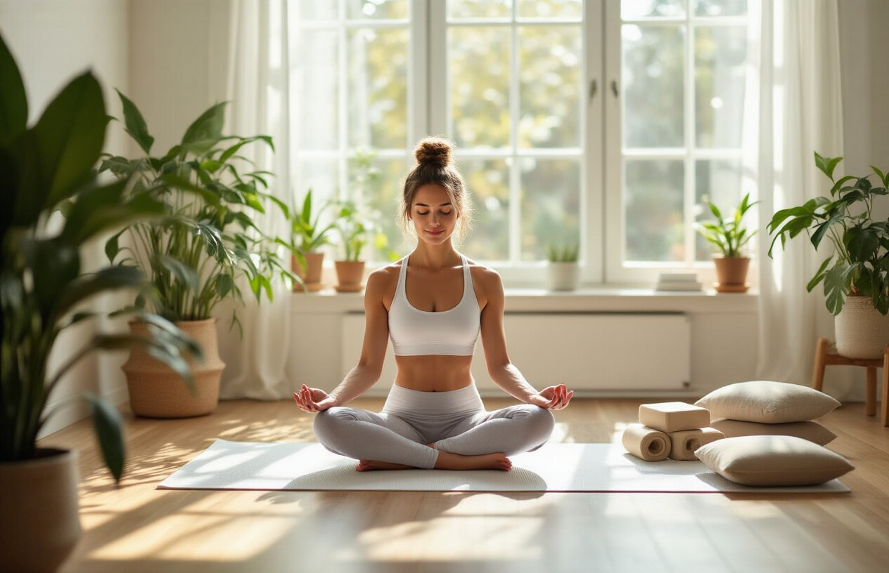 Create a realistic image of a serene home yoga space being thoughtfully arranged, featuring a white female in comfortable yoga attire placing a yoga mat on a hardwood floor in a bright, minimalist living room corner, with natural sunlight streaming through large windows, potted plants nearby, yoga blocks and a meditation cushion arranged beside the mat, soft neutral colors throughout the space, peaceful and organized atmosphere. Absolutely NO text should be in the scene.