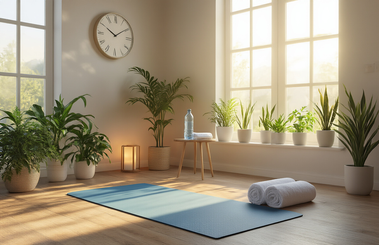 Create a realistic image of a serene home yoga space with a yoga mat laid out on a wooden floor near a large window with natural sunlight streaming in, featuring potted plants, a small side table with a water bottle and towel, a wall clock showing morning time, soft ambient lighting, and a peaceful atmosphere that emphasizes the perfect home practice environment, absolutely NO text should be in the scene.