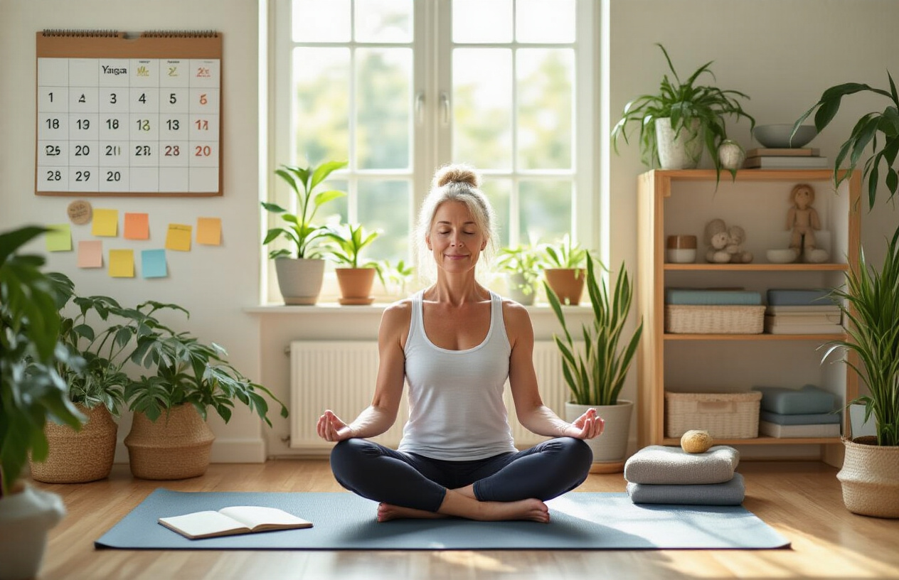 Create a realistic image of a serene home yoga space with a middle-aged white female sitting in lotus position on a yoga mat, surrounded by a calendar with marked yoga practice dates, a journal, motivational sticky notes on nearby walls, plants creating a peaceful atmosphere, soft natural lighting streaming through a window, yoga props neatly organized on wooden shelves, and a sense of dedication and consistency in the organized, lived-in space that suggests regular long-term practice, absolutely NO text should be in the scene.