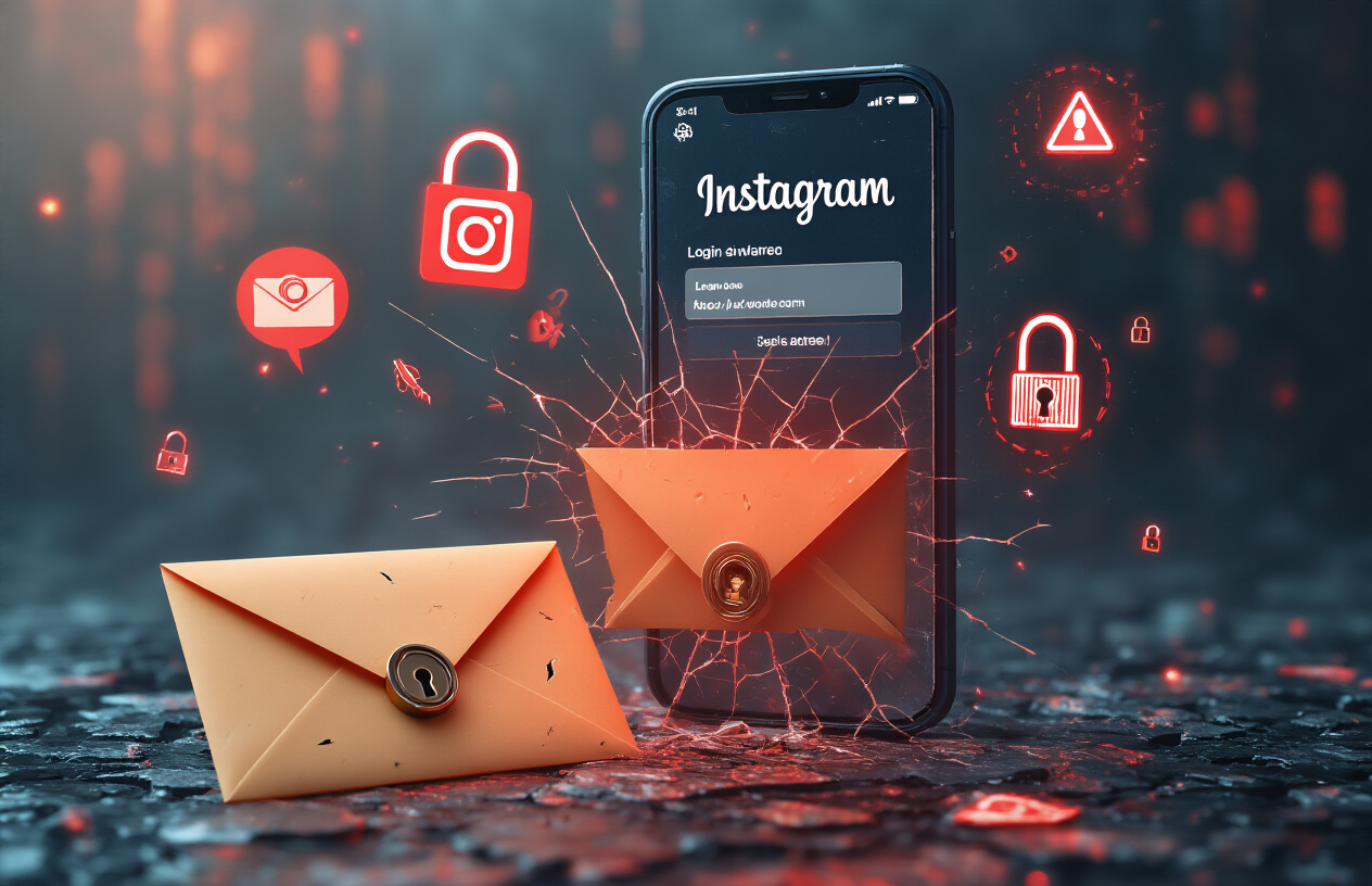 Create a realistic image of a smartphone displaying Instagram login screen with warning symbols and red alert icons floating around it, a cracked or vulnerable-looking traditional email envelope in the foreground with digital locks that appear broken or compromised, dark cybersecurity-themed background with subtle binary code patterns, moody lighting with red and orange tones suggesting danger and security threats, scattered phishing hook icons and malware symbols in the surrounding space, absolutely NO text should be in the scene.