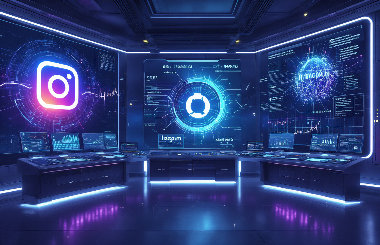 Create a realistic image of a futuristic cybersecurity control room with multiple large holographic screens displaying Instagram's logo, advanced AI detection algorithms with flowing data streams, neural network visualizations, and security monitoring dashboards, featuring a sleek dark blue and purple color scheme with glowing technological interfaces, ambient lighting from the screens illuminating a modern high-tech environment with glass panels and metallic surfaces, conveying a sophisticated and cutting-edge atmosphere of digital security systems, absolutely NO text should be in the scene.