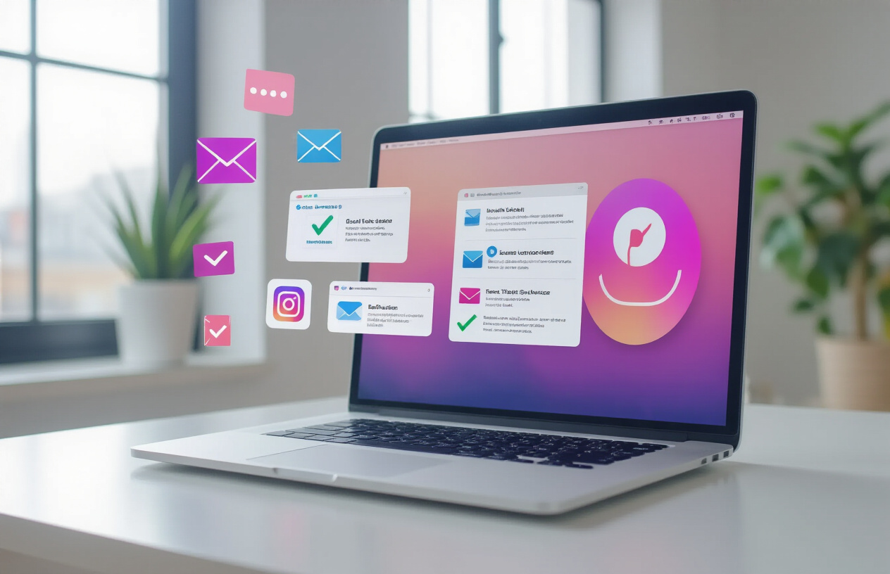 Create a realistic image of a modern laptop computer displaying multiple email service websites on different browser tabs, with Instagram's distinctive purple and pink gradient logo visible on the screen, surrounded by comparison charts and checkmark icons floating in the air, set on a clean white desk in a bright, professional workspace with soft natural lighting from a window, conveying a sense of careful selection and digital strategy, absolutely NO text should be in the scene.