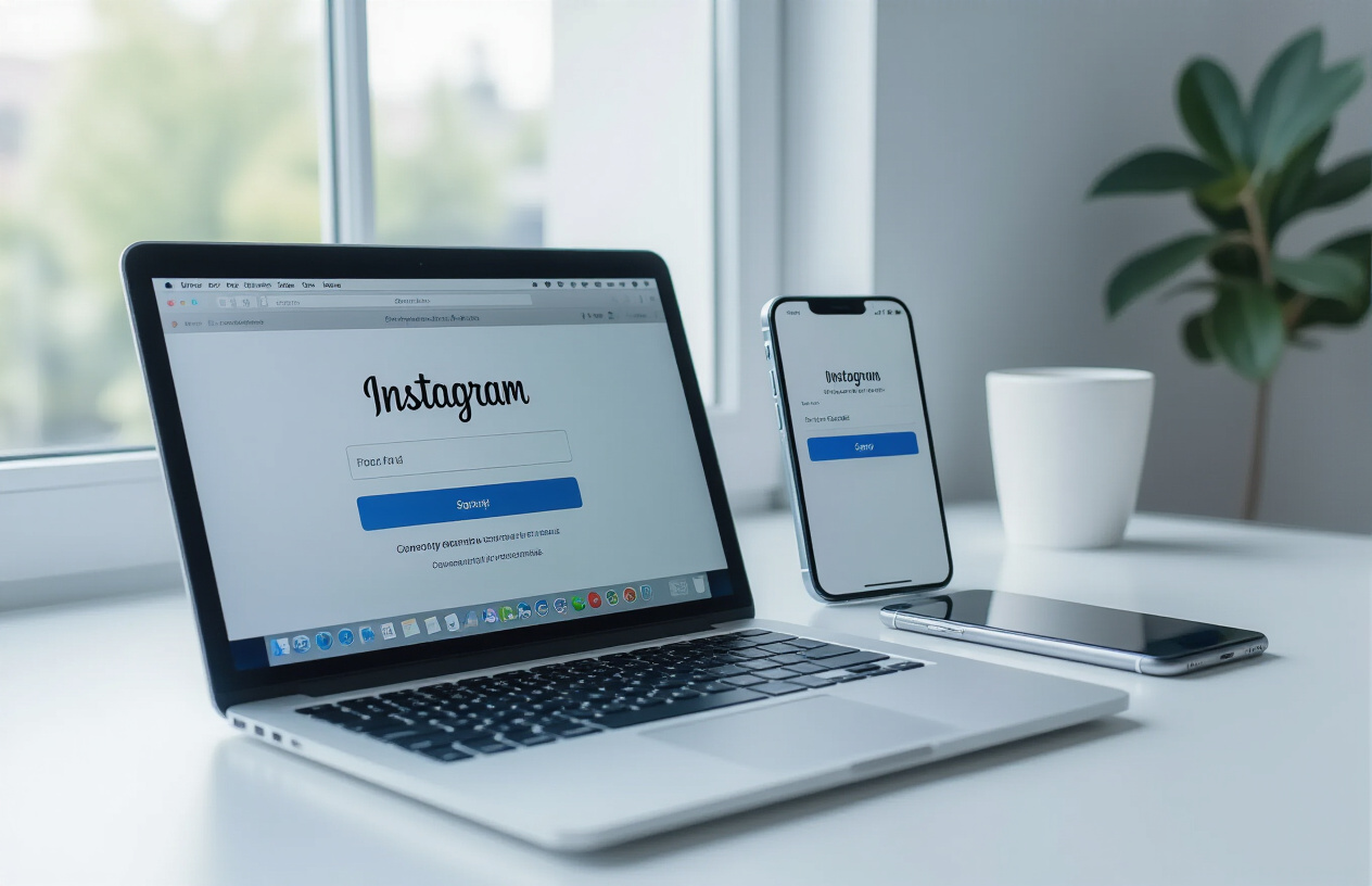 Create a realistic image of a modern workspace showing a laptop computer displaying the Instagram signup page on the screen, with a smartphone placed nearby showing a temporary email interface, clean white desk surface, soft natural lighting from a window, minimalist office environment with subtle blue and white color scheme, focus on the digital devices and registration process, professional and organized atmosphere, Absolutely NO text should be in the scene.