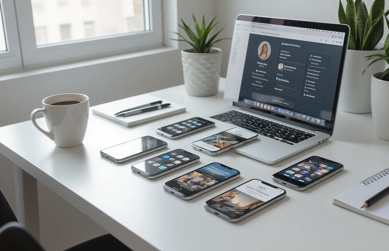 Create a realistic image of multiple smartphone screens arranged on a clean white desk surface showing different Instagram profile interfaces with various usernames and profile pictures, surrounded by a laptop computer displaying email management software with multiple temporary email addresses visible in folders, soft natural lighting from a window creating gentle shadows, modern minimalist workspace environment with a coffee cup and notepad nearby, professional and organized atmosphere suggesting efficient social media management, absolutely NO text should be in the scene.