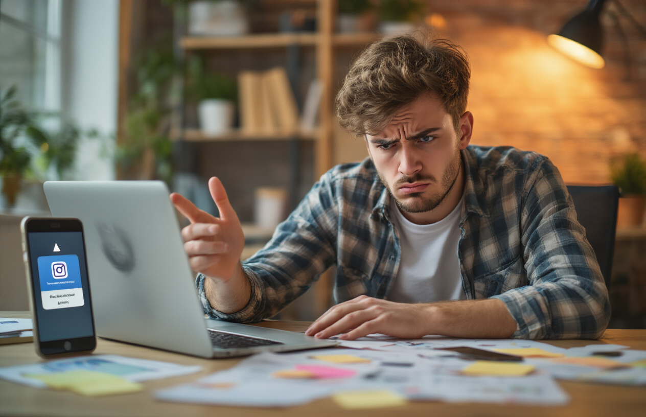 Create a realistic image of a frustrated young white male sitting at a modern desk looking at a laptop screen with an error symbol or warning icon displayed, surrounded by scattered papers and sticky notes, with a smartphone showing Instagram's login page nearby, warm office lighting creating a slightly tense atmosphere, the person's hand gesturing toward the screen in a troubleshooting manner, modern home office background with bookshelves and plants, absolutely NO text should be in the scene.