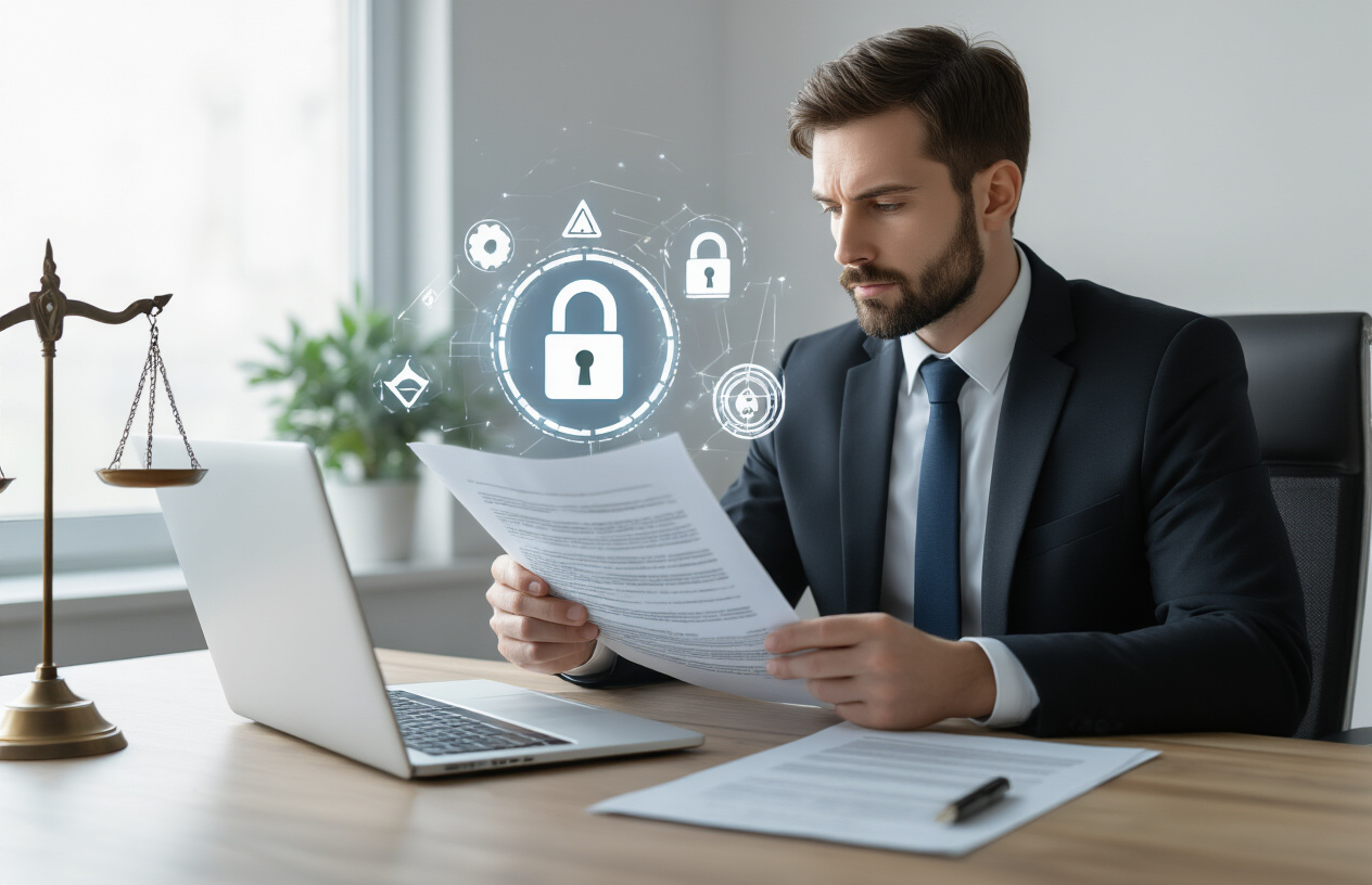 Create a realistic image of a professional white male in business attire sitting at a modern desk with a laptop, examining legal documents and security shields icons floating above the screen, surrounded by symbolic elements including a balance scale, a padlock, warning triangles, and privacy symbols, set in a clean modern office environment with soft natural lighting from a window, conveying a serious and contemplative mood about digital safety and legal compliance, absolutely NO text should be in the scene.