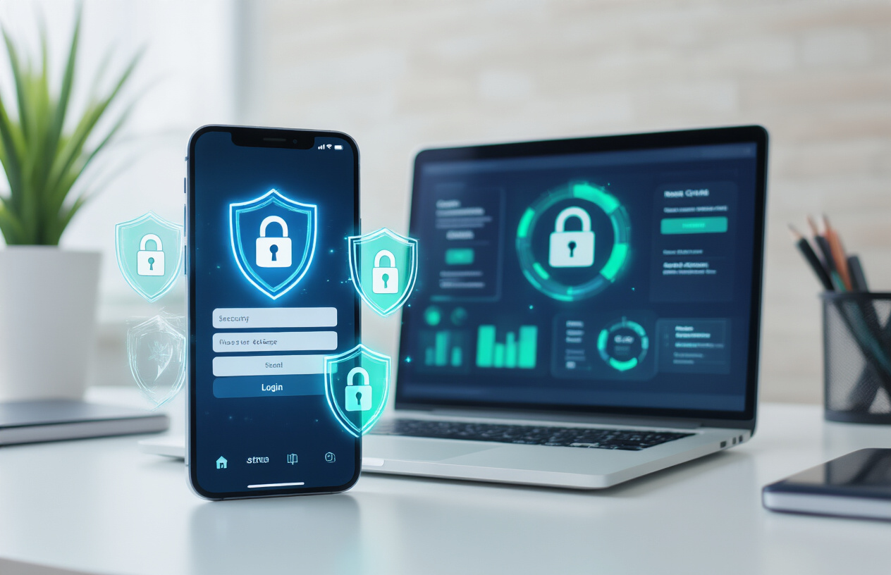 Create a realistic image of a modern smartphone displaying Instagram's login interface with security shield icons and lock symbols floating around it, positioned on a clean white desk next to a laptop computer showing cybersecurity dashboard with privacy settings, surrounded by subtle blue and green security-themed lighting effects, with a professional workspace background featuring organized office supplies and a calm, secure atmosphere. Absolutely NO text should be in the scene.