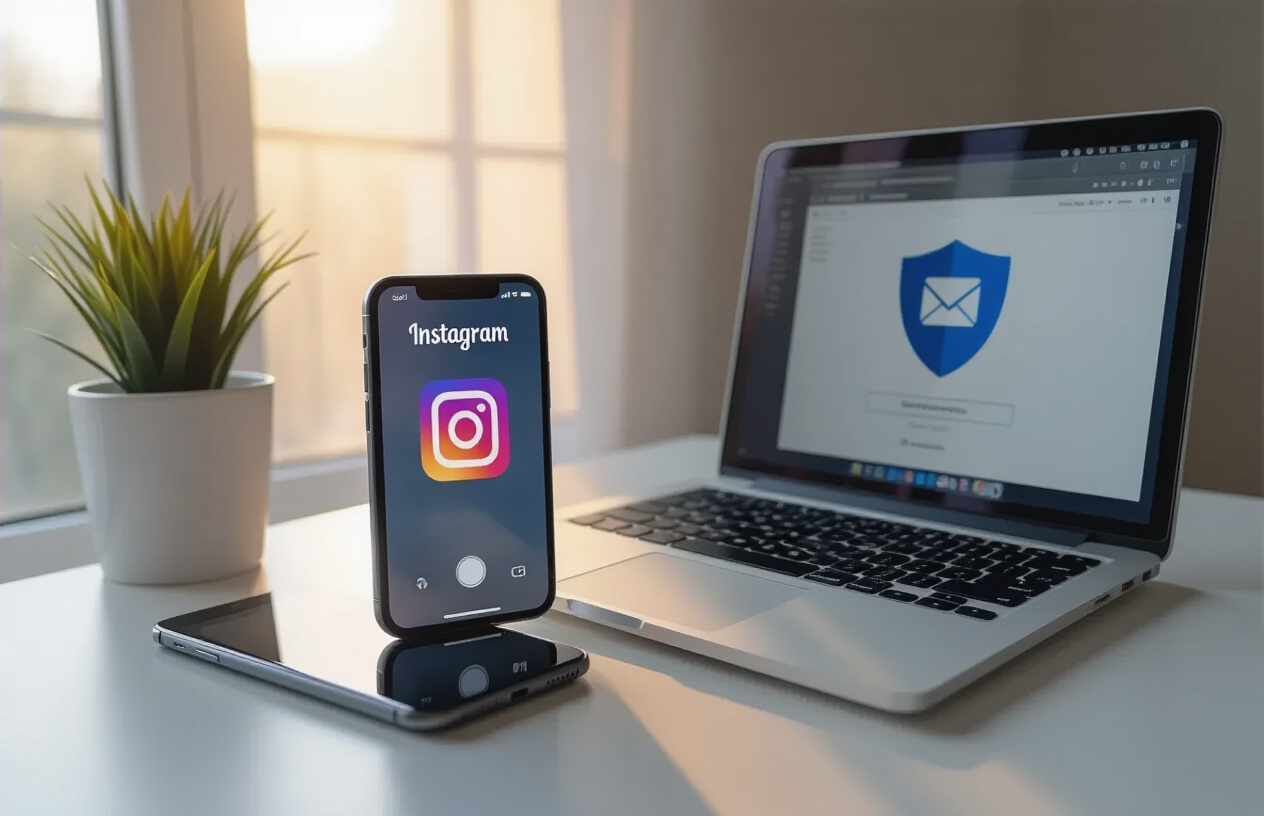 Create a realistic image of a modern smartphone displaying the Instagram app interface on screen, placed on a clean white desk next to a sleek laptop computer showing an email inbox interface, with a subtle shield icon or security symbol visible on the laptop screen, soft natural lighting from a window creating gentle shadows, professional workspace atmosphere with minimal distractions, the scene conveying digital security and social media management, clean and organized tech setup suggesting successful completion of account verification process, warm ambient lighting creating a sense of accomplishment and security, absolutely NO text should be in the scene.