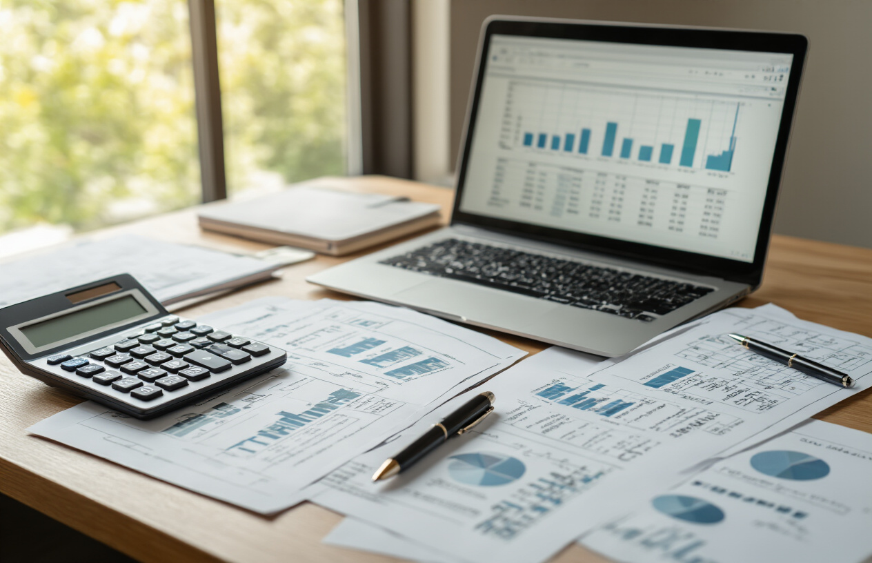 Create a realistic image of a clean, modern desk setup with a calculator, blank budget worksheets, a pen, and financial documents spread out in an organized manner, with a laptop showing a spreadsheet in the background, soft natural lighting from a window creating a focused and professional atmosphere for financial planning. Absolutely NO text should be in the scene.