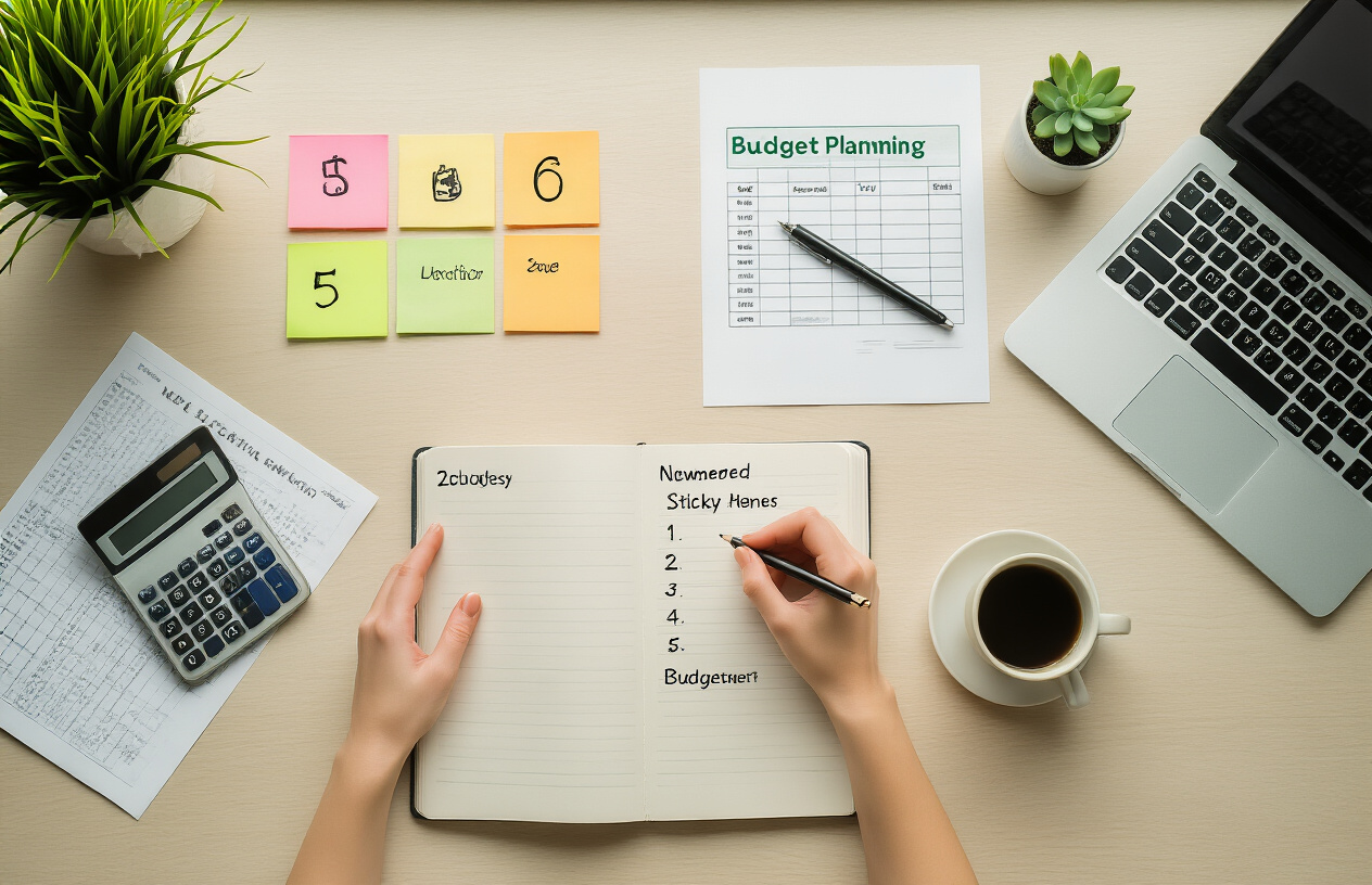 Create a realistic image of a clean, organized desk workspace viewed from above showing the step-by-step zero-based budgeting process, featuring a white female's hands writing in an open notebook with numbered steps, surrounded by a calculator, colorful sticky notes arranged in sequence, a laptop displaying a simple spreadsheet, budget planning worksheets with empty columns and rows, a pen, and a coffee cup, all arranged on a light wooden desk surface with soft natural lighting from a window, creating a productive and methodical atmosphere that conveys the systematic approach to budget creation, absolutely NO text should be in the scene.