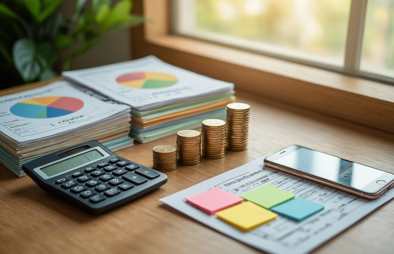 Create a realistic image of a clean wooden desk from above showing organized budget planning materials including colorized pie charts displaying different budget categories, stacks of coins sorted by priority with small labels, a calculator, neat piles of bills and receipts arranged in order of importance, colorful sticky notes arranged in priority sequence, and a smartphone displaying a budget app interface, all arranged in an organized manner suggesting financial planning hierarchy, with soft natural lighting from a window, warm and focused atmosphere, absolutely NO text should be in the scene.