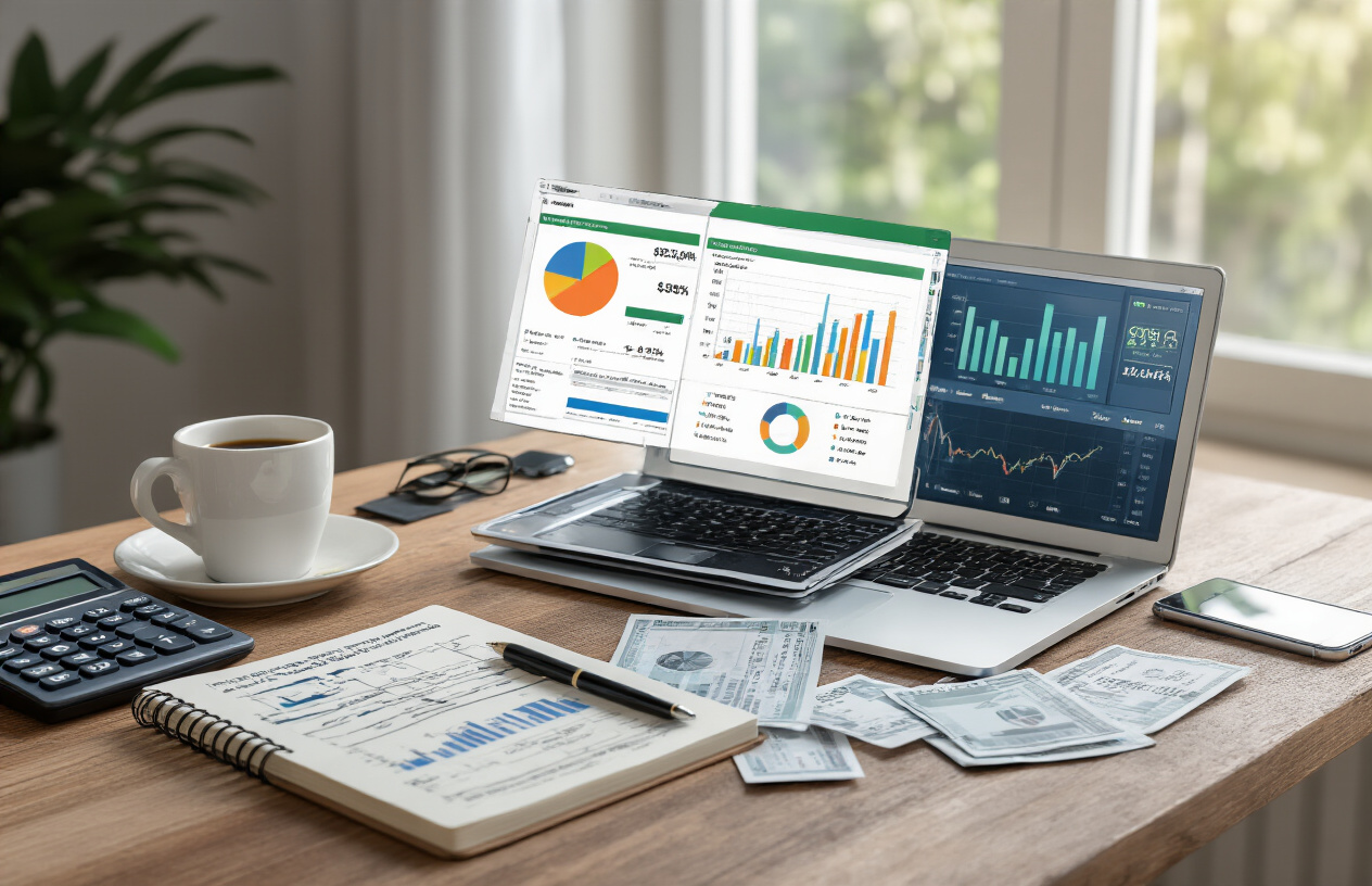 Create a realistic image of a organized desk workspace with a laptop displaying colorful budget tracking charts and graphs, surrounded by a calculator, pen, notebook with financial calculations, smartphone showing a budgeting app, coffee cup, and scattered receipts, set against a clean modern home office background with natural lighting from a nearby window, conveying a productive and focused financial planning atmosphere, absolutely NO text should be in the scene.
