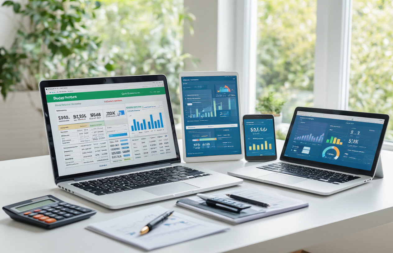 Create a realistic image of a modern workspace featuring multiple digital devices displaying budgeting applications, including a laptop computer with colorful budget spreadsheets on screen, a tablet showing financial planning interface with charts and graphs, and a smartphone with a budgeting app interface visible, all arranged on a clean white desk with a calculator, pen, and notebook nearby, soft natural lighting from a window creating a professional and organized atmosphere, absolutely NO text should be in the scene.