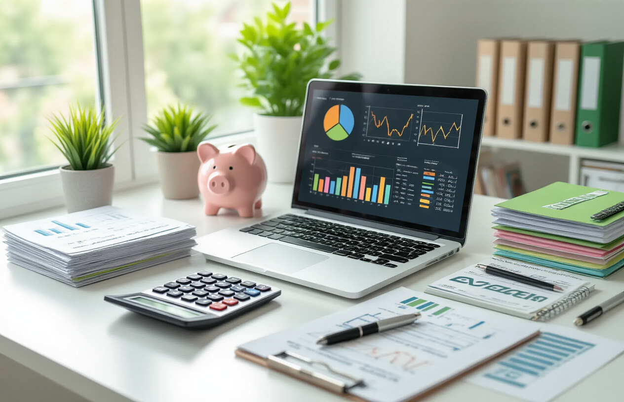 Create a realistic image of a clean, modern desk setup showing the benefits of organized budgeting with a laptop displaying colorful charts and graphs, neat stacks of organized financial documents, a calculator, pen, and notebook with clear budget categories written down, surrounded by symbols of financial success like a small piggy bank, green plants representing growth, and organized file folders, all arranged on a bright white desk with natural lighting from a window, conveying efficiency, clarity, and financial control, absolutely NO text should be in the scene.
