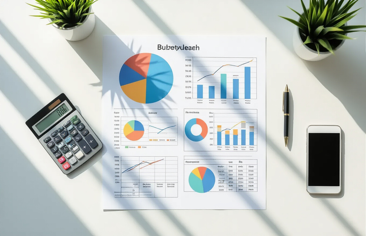 Create a realistic image of a clean white desk surface displaying multiple colorful charts and graphs comparing different budgeting methods, including pie charts, bar graphs, and comparison tables spread across several papers, with a calculator, pen, and smartphone nearby, shot from above with bright natural lighting, featuring a minimalist office environment with soft shadows, absolutely NO text should be in the scene.