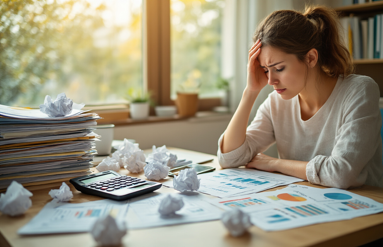 Create a realistic image of a cluttered desk scene showing common budgeting challenges with crumpled papers scattered around, a calculator with some buttons stuck, overflowing file folders, a stressed-looking white female in her 30s with her hand on her forehead looking at financial documents, alongside organized solutions including neat spreadsheets, colorful budget planning tools, and a tablet displaying clean charts, with warm natural lighting from a window creating contrast between the chaotic and organized sides of the desk, absolutely NO text should be in the scene.