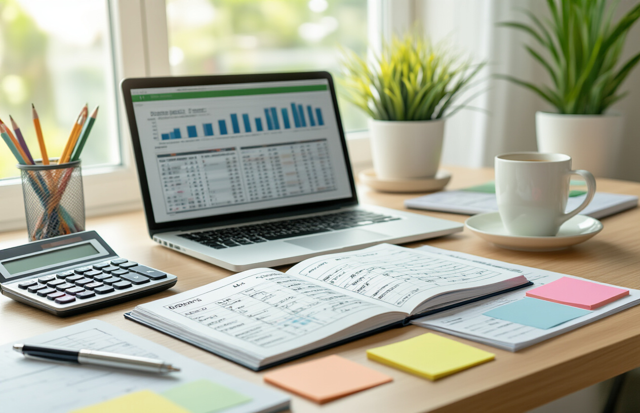 Create a realistic image of a clean, organized desk scene with a completed budget planner notebook open showing neatly filled budget categories and allocation amounts, a calculator displaying numbers, a laptop computer with a budgeting spreadsheet visible on screen, colorful sticky notes arranged around the workspace, a pen resting on the planner, and a coffee cup nearby, all set against a bright, well-lit home office background with soft natural lighting from a window, conveying a sense of accomplishment and financial organization, absolutely NO text should be in the scene.