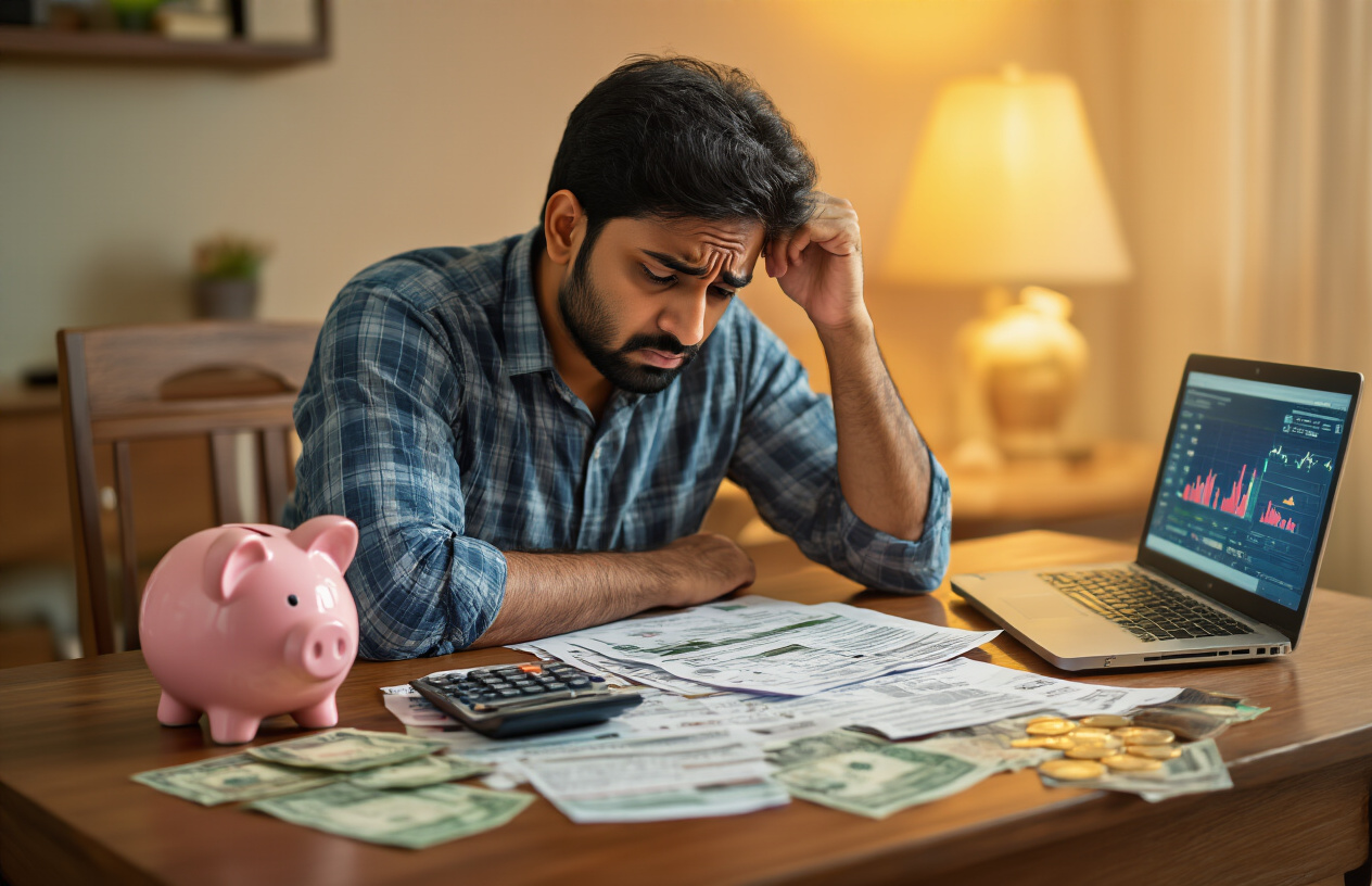 Create a realistic image of a South Asian Indian male in his 30s sitting at a wooden desk with a worried expression, looking at financial documents and bills scattered around, with a piggy bank, calculator, and Indian rupee notes visible on the desk, a laptop showing financial charts in the background, warm indoor lighting creating a contemplative mood in a middle-class Indian home setting, absolutely NO text should be in the scene.