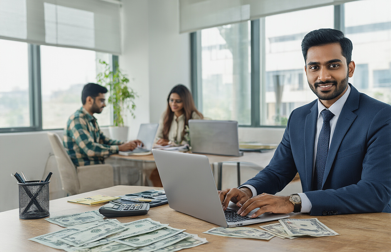 Create a realistic image of a professional Indian workplace scene showing diverse employment types with a South Asian male businessman in a suit representing salaried employment, a South Asian female entrepreneur working on a laptop representing self-employment, and a South Asian male in casual clothing representing gig work, all positioned around a modern office desk with financial documents, a calculator, and Indian rupee currency notes spread across the surface, set in a clean contemporary office environment with natural lighting from large windows, conveying a serious yet optimistic mood about financial planning and emergency preparedness, absolutely NO text should be in the scene.