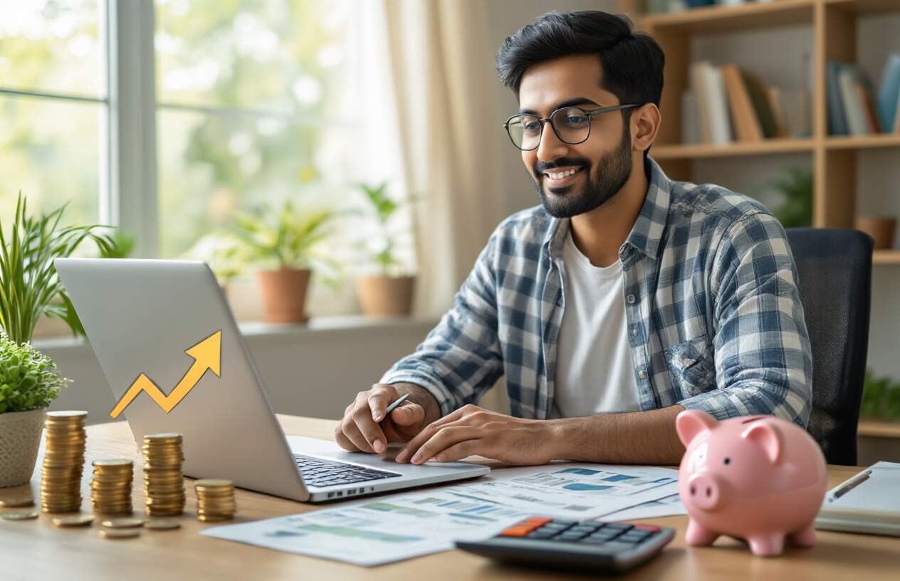 Create a realistic image of a South Asian male in his 30s sitting at a modern desk with a laptop, calculator, and financial documents spread out, surrounded by visual representations of financial growth including stacked coins, piggy bank, and upward trending arrow graphics, set in a well-lit home office with plants and bookshelves in the background, conveying focus and determination in financial planning, warm natural lighting from a window, absolutely NO text should be in the scene.