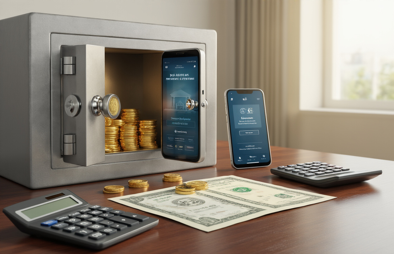 Create a realistic image of a modern Indian bank building with multiple investment options displayed through visual metaphors: a safe deposit box slightly open showing gold coins, a smartphone displaying a banking app interface, government bonds certificates, and fixed deposit documents arranged on a polished wooden desk, with a calculator and Indian rupee notes nearby, set in a professional banking environment with soft natural lighting from a window, creating a secure and trustworthy atmosphere that emphasizes financial safety and growth, absolutely NO text should be in the scene.