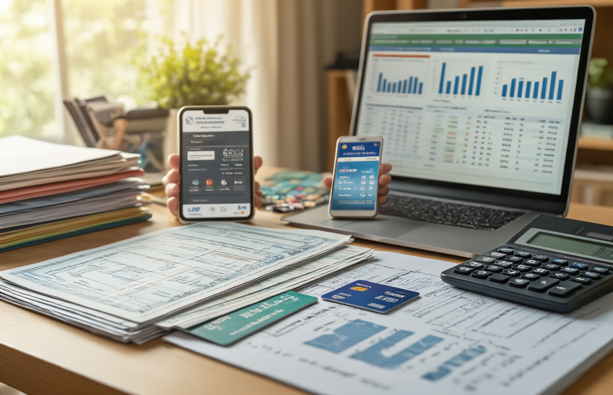 Create a realistic image of a modern Indian banking setup showing organized financial account management, featuring a clean desk with multiple bank passbooks, debit cards from different Indian banks, a smartphone displaying banking apps, a laptop computer with spreadsheet software open showing account balances, neatly arranged financial documents in folders, a calculator, and a notebook with organized charts, set in a well-lit home office environment with warm natural lighting, conveying a sense of financial organization and planning, absolutely NO text should be in the scene.