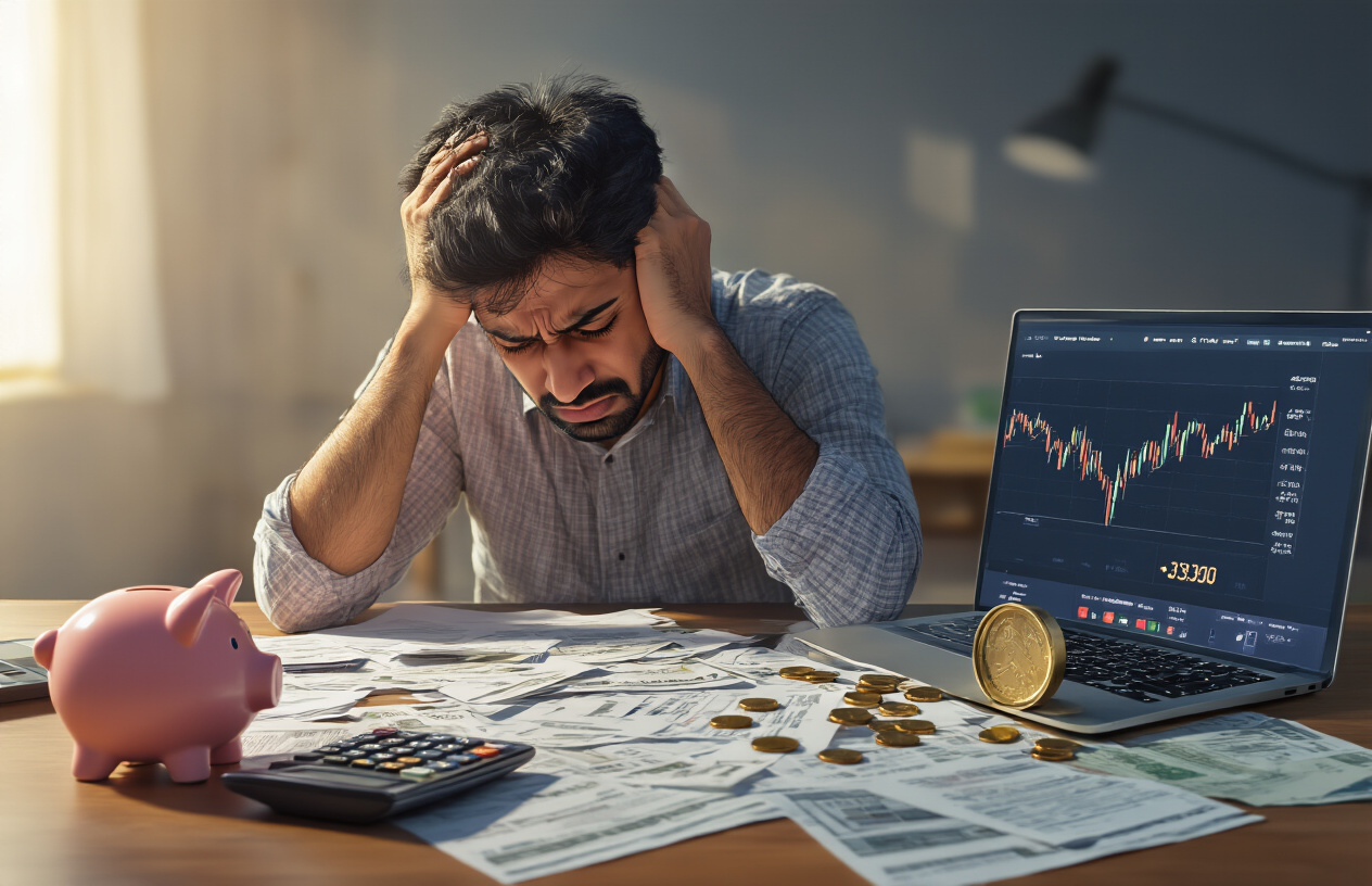 Create a realistic image of a frustrated Indian male in his 30s sitting at a desk with his head in his hands, surrounded by scattered financial documents, bills, and an empty piggy bank knocked over on its side, with coins spilled out, a calculator showing negative numbers, and a laptop screen displaying declining bank account graphs, set in a dimly lit home office with warm overhead lighting creating shadows that emphasize the stress and financial mistakes, absolutely NO text should be in the scene.