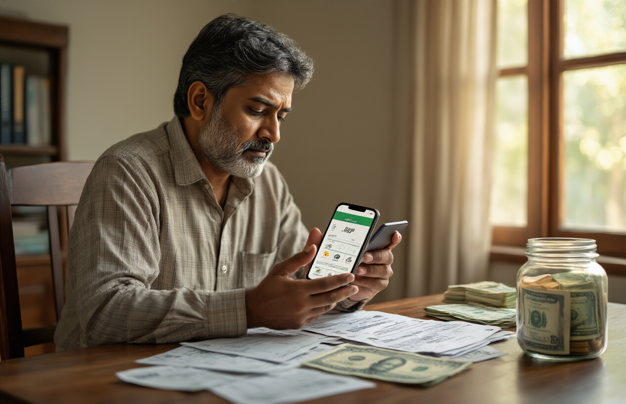 Create a realistic image of a middle-aged Indian male sitting at a wooden desk with financial documents and bills spread out, looking thoughtfully at a smartphone displaying a banking app, with a glass jar labeled for emergency savings partially filled with Indian rupee notes visible on the desk, warm natural lighting from a nearby window creating a calm and contemplative atmosphere in a modest home office setting, absolutely NO text should be in the scene.