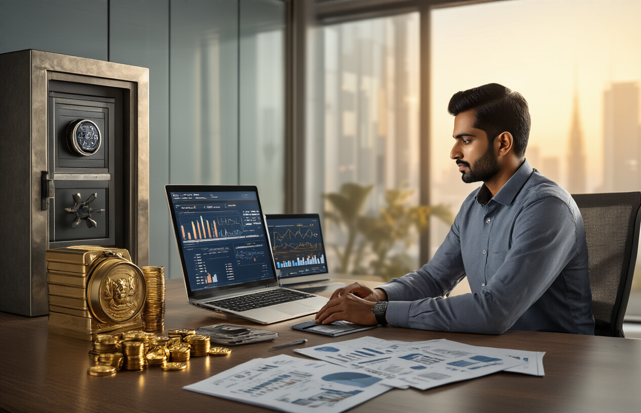 Create a realistic image of a sophisticated financial planning scene featuring an Indian male professional in his 30s sitting at a modern desk with multiple security elements around him, including a high-tech digital safe, layered financial documents, gold coins, investment certificates, and a laptop displaying financial charts and graphs, with a backdrop of a contemporary office setting with warm natural lighting streaming through large windows, conveying a sense of strategic planning and financial security, absolutely NO text should be in the scene.