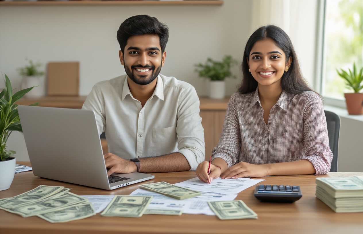 Create a realistic image of a young Indian male and female sitting together at a modern wooden desk with a laptop open, calculator, and neat stack of Indian rupee notes visible, surrounded by organized financial documents and a small potted plant, with a clean contemporary home office background featuring soft natural lighting from a window, conveying a sense of financial security and accomplishment through their confident and satisfied expressions, absolutely NO text should be in the scene.
