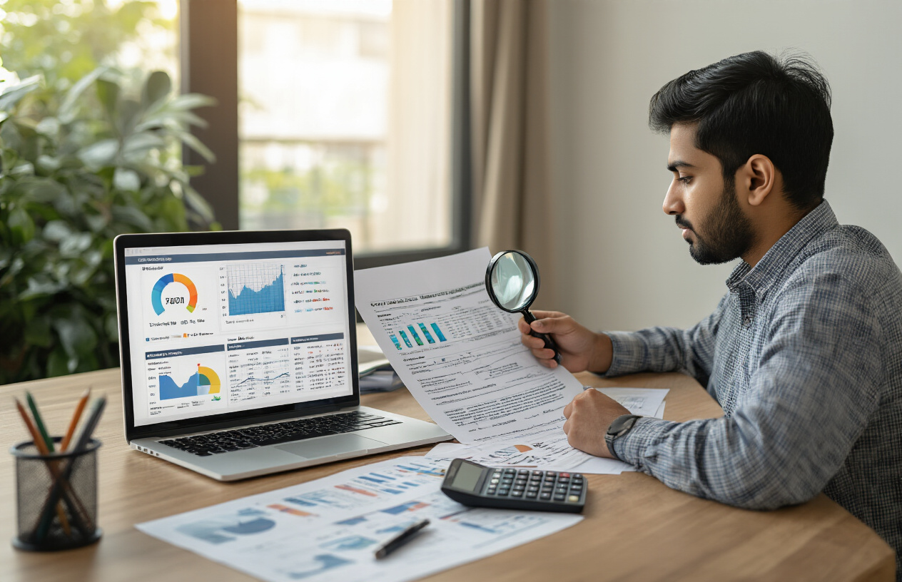 Create a realistic image of a young Indian male sitting at a modern desk reviewing financial documents, with a laptop displaying colorful graphs and charts representing credit score analytics, a magnifying glass placed over printed credit report papers showing numerical data and rating scales, calculator and pen nearby, clean office environment with soft natural lighting from a window, professional and focused atmosphere, warm lighting creating a sense of learning and financial planning, absolutely NO text should be in the scene.