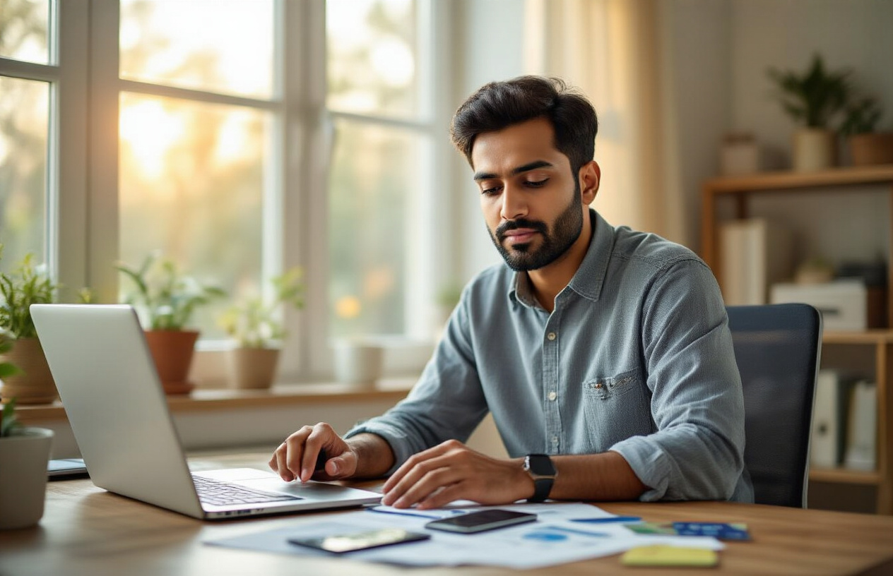 Create a realistic image of an Indian male in his early 30s sitting at a modern desk with a laptop, smartphone, and credit cards neatly arranged, appearing focused and organized while managing financial documents, with a calendar showing payment due dates visible on the desk, set in a well-lit home office environment with warm natural lighting from a window, conveying a sense of financial responsibility and control, absolutely NO text should be in the scene.