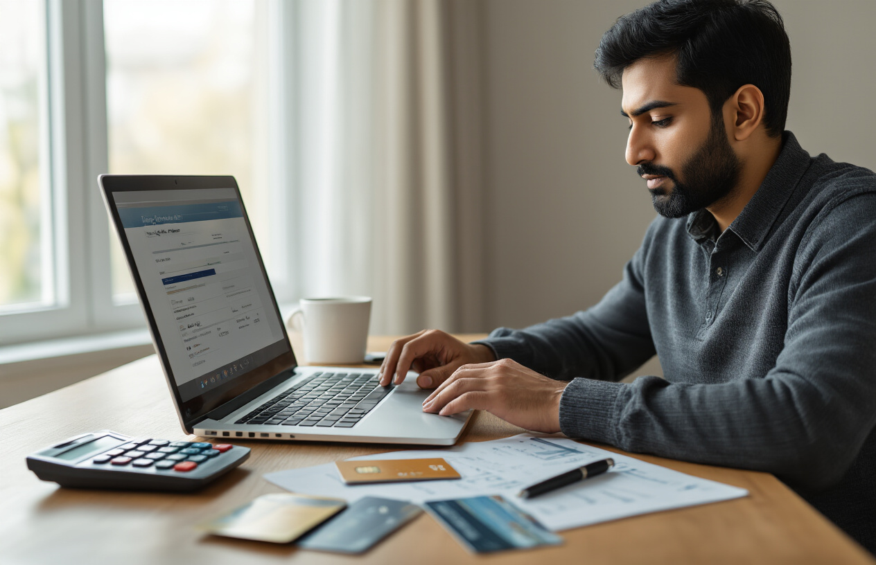 Create a realistic image of a South Asian male in his 30s sitting at a modern desk with a laptop computer, viewing a credit card statement or financial dashboard on the screen, with multiple credit cards arranged neatly on the desk beside the laptop, a calculator and notepad with financial calculations visible, soft natural lighting from a window creating a focused work environment, the scene conveying financial planning and organization with a clean, professional atmosphere, absolutely NO text should be in the scene.