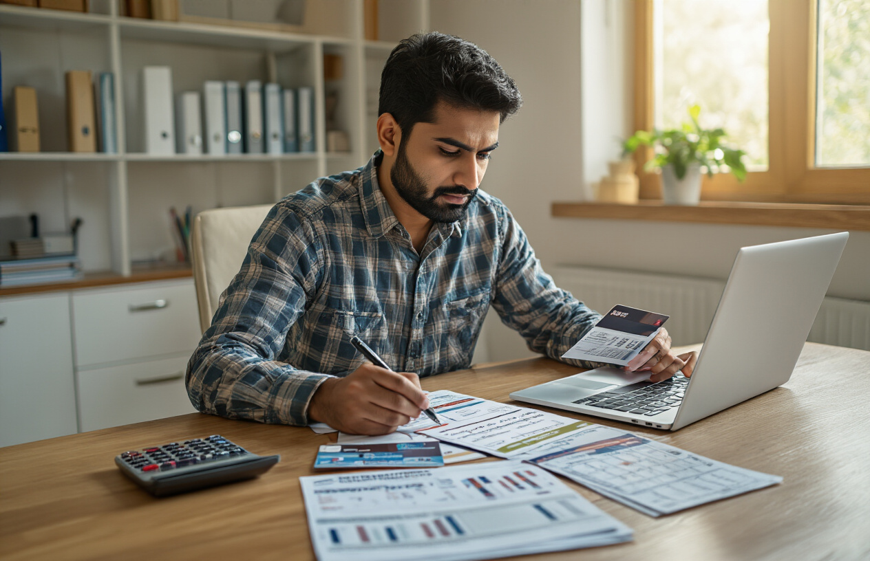 Create a realistic image of an Indian male in his 30s sitting at a modern desk with a laptop, carefully reviewing multiple credit card applications and bank documents spread across the desk, with a calculator and pen nearby, surrounded by organized filing folders and a calendar showing strategic planning, in a well-lit home office setting with warm natural lighting from a window, conveying a thoughtful and methodical approach to financial planning, absolutely NO text should be in the scene.