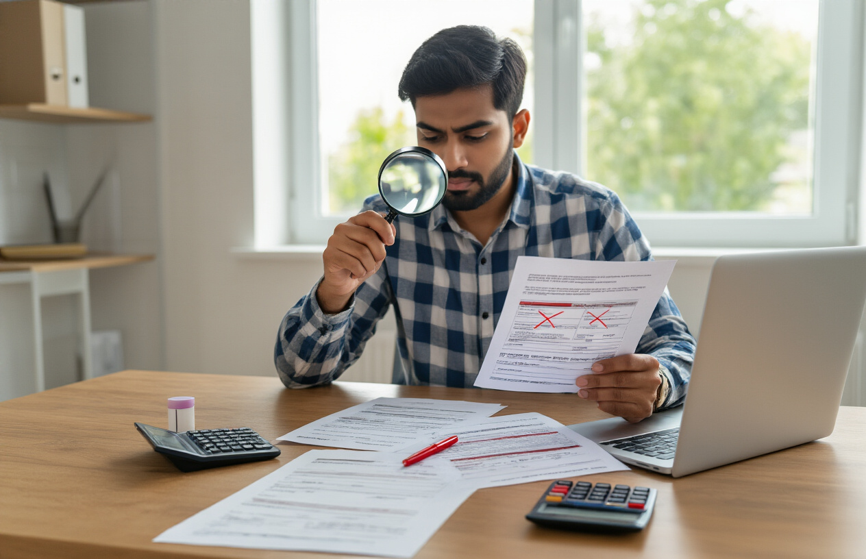 Create a realistic image of an Indian male sitting at a clean wooden desk with a laptop computer open, holding a magnifying glass over printed credit report documents that show highlighted errors marked with a red pen, with a calculator and correction fluid nearby on the desk, set in a well-lit modern home office with natural daylight coming through a window, creating a focused and determined mood as he reviews financial documents, absolutely NO text should be in the scene.