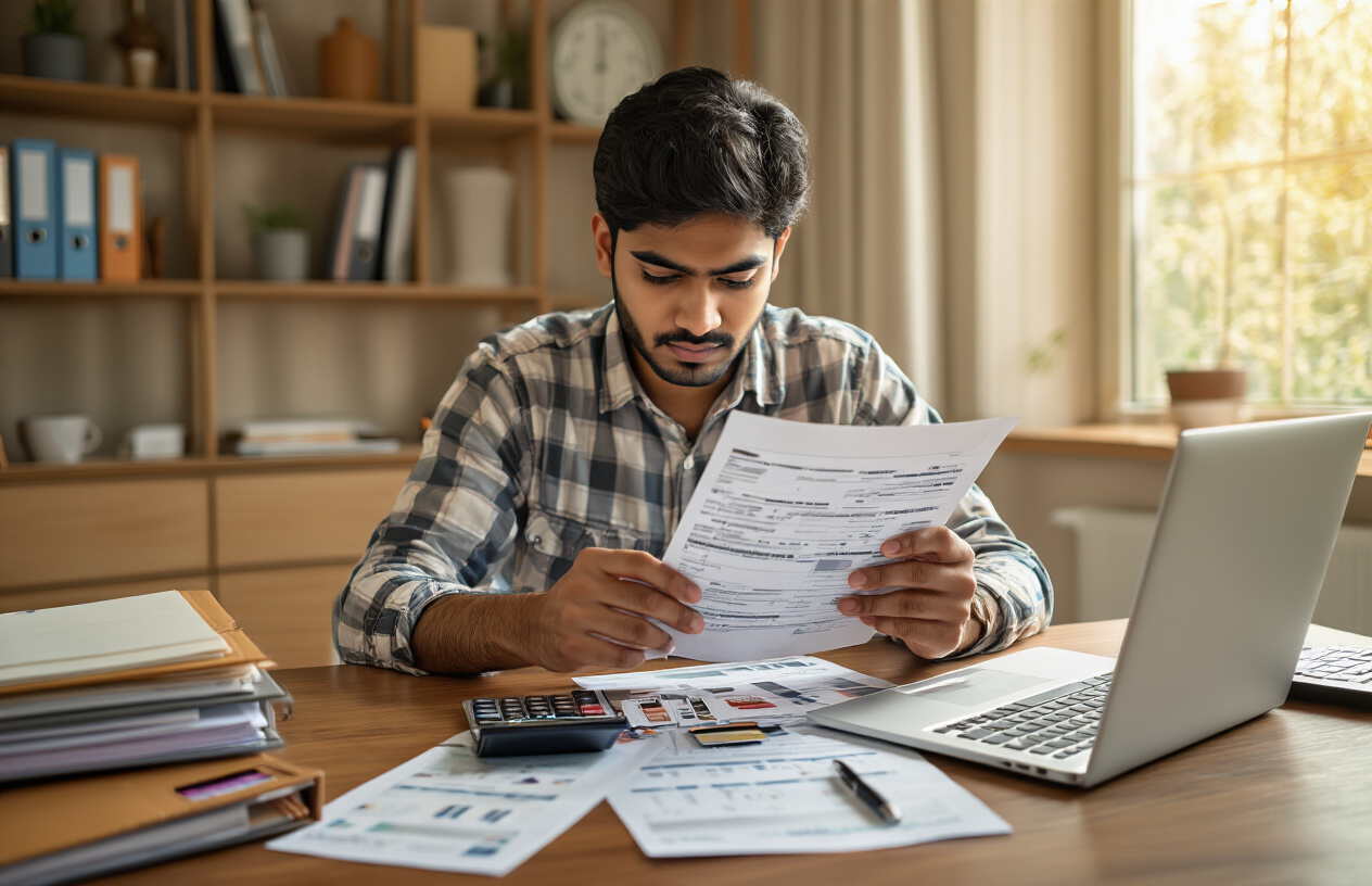 Create a realistic image of a young Indian male sitting at a modern desk with a laptop open, carefully reviewing financial documents and credit cards spread across the desk, with a calculator, pen, and organized file folders nearby, in a well-lit home office setting with warm natural lighting from a window, conveying a sense of responsibility and financial planning, absolutely NO text should be in the scene.