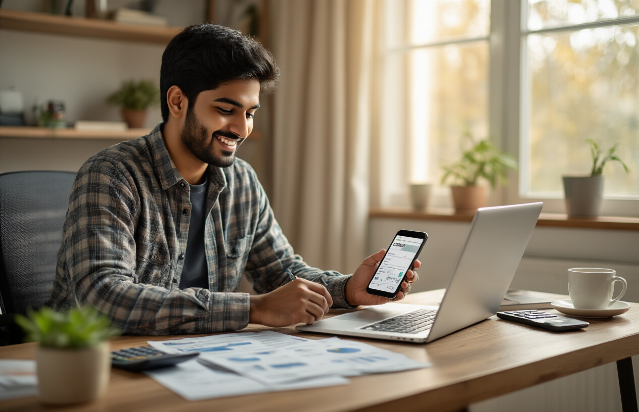 Create a realistic image of a young Indian male sitting at a modern desk with a laptop computer, looking satisfied and confident while reviewing financial documents, with a smartphone displaying a credit monitoring app nearby, surrounded by organized paperwork and a calculator, in a well-lit home office environment with warm natural lighting from a window, creating an atmosphere of financial success and achievement, with subtle elements like a small plant and coffee cup on the desk suggesting productivity and progress, absolutely NO text should be in the scene.