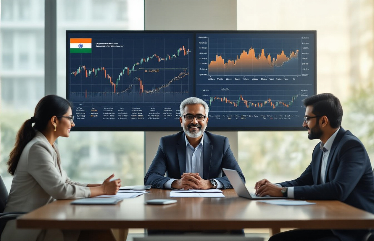 Create a realistic image of a diverse group of Indian investors including middle-aged Indian male and female professionals in business attire sitting around a modern conference table, with financial charts and graphs showing upward trending mutual fund performance displayed on a large screen behind them, alongside visual representations of stock market volatility on tablets and laptops, set in a contemporary Indian financial advisory office with warm natural lighting from large windows, creating a confident and professional atmosphere that emphasizes successful investment strategy, with the Indian flag subtly visible in the background, absolutely NO text should be in the scene.