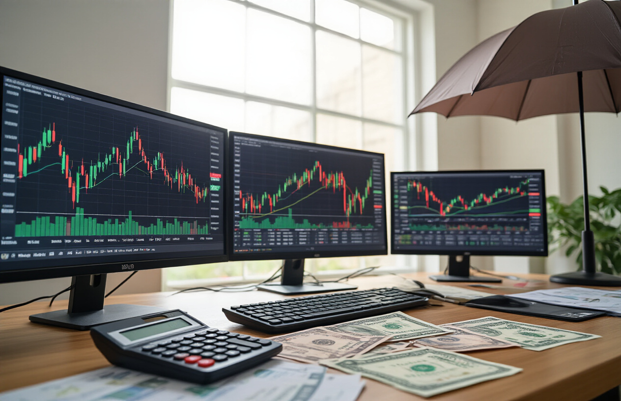 Create a realistic image of a modern office desk with multiple computer monitors displaying colorful financial charts and graphs showing market volatility with red and green fluctuations, a calculator, financial documents, and a protective umbrella positioned over scattered Indian rupee notes and investment papers, symbolizing risk protection, with soft natural lighting from a window in the background creating a professional atmosphere, and a calm, stable mood despite the volatile market data on screens, absolutely NO text should be in the scene.