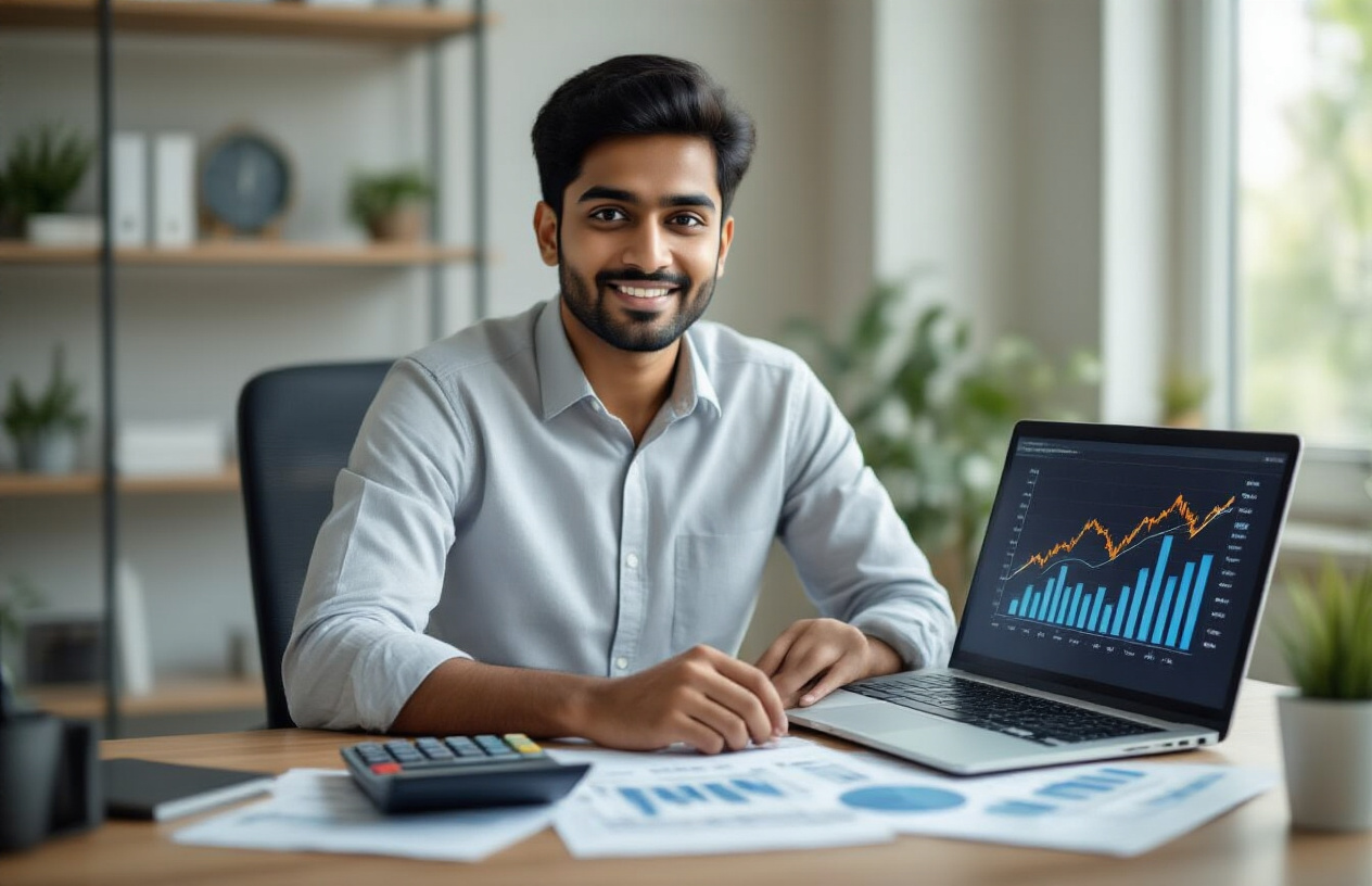 Create a realistic image of a young Indian male professional in his 30s sitting at a modern desk with a laptop, calculator, and financial documents spread out, showing upward trending graphs and charts on the laptop screen representing systematic investment growth, with a clean office environment in the background, soft natural lighting from a window, conveying focus and financial planning discipline, absolutely NO text should be in the scene.