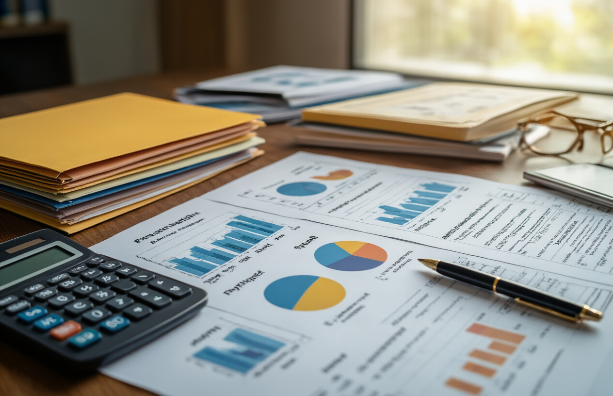 Create a realistic image of a professional financial planning scene showing multiple investment portfolio folders and documents spread across a modern desk, with colorful pie charts and graphs displaying different mutual fund categories like equity, debt, hybrid, and sector-specific funds, a calculator and pen nearby, soft natural lighting from a window, clean office environment with a subtle Indian financial market context through rupee currency symbols on documents, warm professional atmosphere. Absolutely NO text should be in the scene.