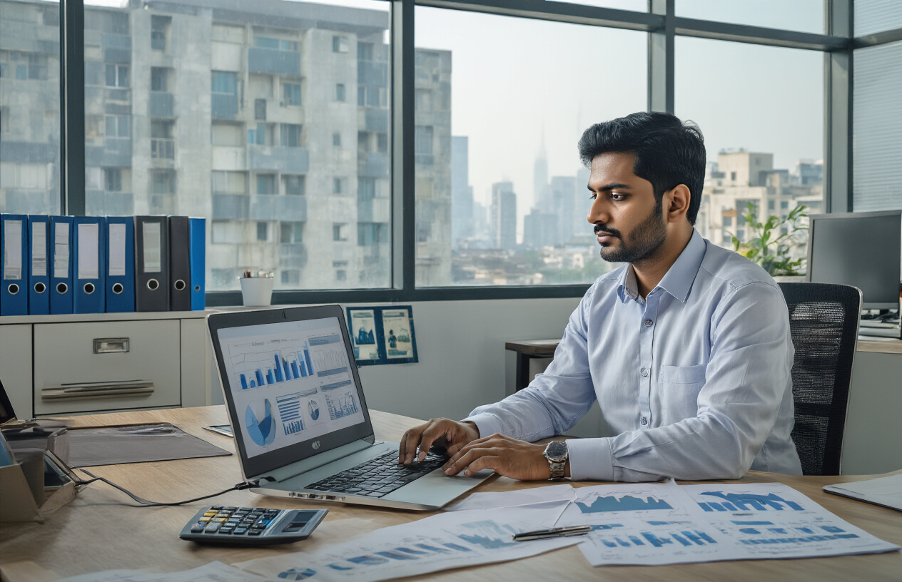 Create a realistic image of an Indian male entrepreneur in his 30s wearing a business shirt sitting at a modern office desk with a laptop open, financial charts and graphs displayed on the screen, a small business office environment in the background with filing cabinets and windows showing an urban Indian cityscape, professional lighting with natural daylight streaming through windows, calculator and business documents scattered on the desk, the person appears focused and analytical while reviewing investment options, modern corporate atmosphere with a sense of strategic planning and financial growth, absolutely NO text should be in the scene.