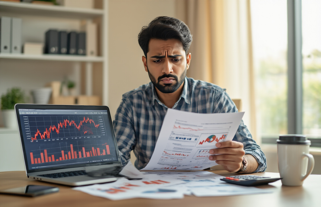 Create a realistic image of a South Asian male investor in his 30s sitting at a modern desk looking concerned while reviewing financial documents and charts showing declining mutual fund performance, with a laptop displaying red downward trending graphs, scattered papers with warning symbols, a calculator, and coffee cup on the desk, set in a contemporary home office with warm natural lighting from a window, creating a mood of caution and learning from investment mistakes, absolutely NO text should be in the scene.